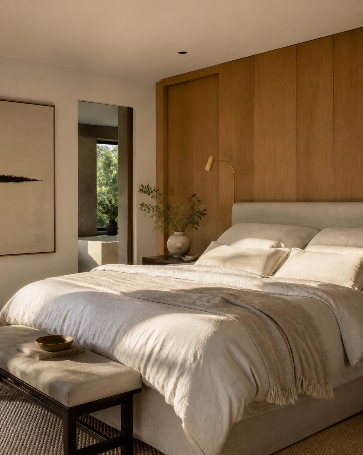 Serene bedroom with oak paneling and linen bedding