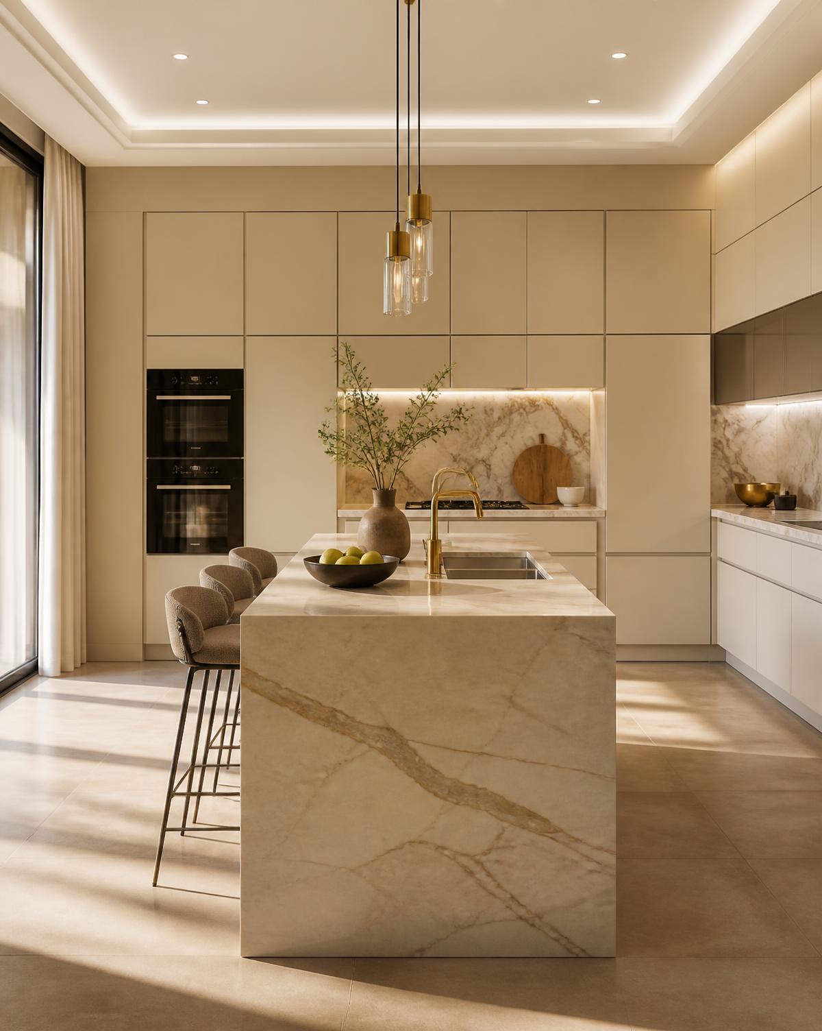 Premium modular kitchen with marble island and brass fittings