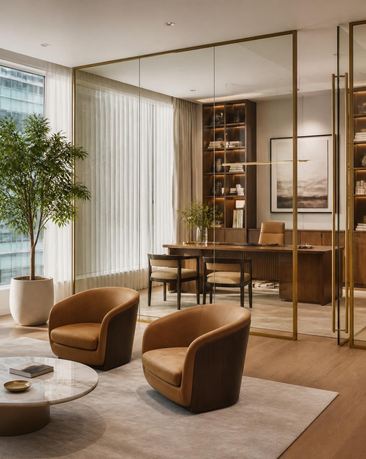Modern office interior with glass partitions and leather chairs